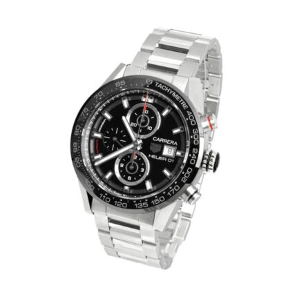 TAG Heuer Carrera Caliber Heuer 01 automatic chronograph replica watch with black skeleton dial, red accents, stainless steel case, and stainless steel bracelet.