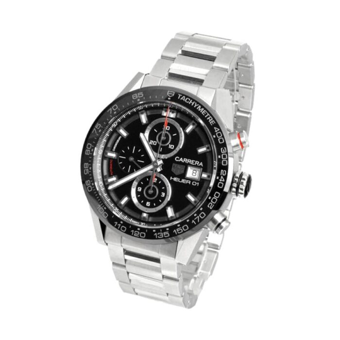 TAG Heuer Carrera Caliber Heuer 01 automatic chronograph replica watch with black skeleton dial, red accents, stainless steel case, and stainless steel bracelet.