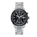 TAG Heuer Carrera Caliber Heuer 01 automatic chronograph men's watch with black dial, stainless steel case, and black leather strap.