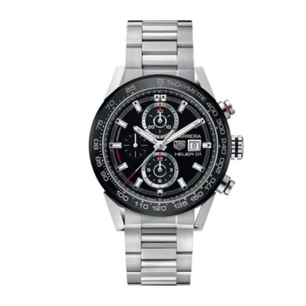 TAG Heuer Carrera Caliber Heuer 01 automatic chronograph men's watch with black dial, stainless steel case, and black leather strap.
