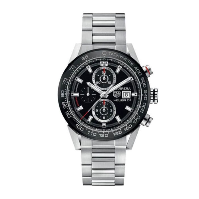 TAG Heuer Carrera Caliber Heuer 01 automatic chronograph men's watch with black dial, stainless steel case, and black leather strap.