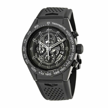 TAG Heuer Carrera Caliber Heuer 01 automatic chronograph men's watch with black dial, stainless steel case, and black rubber strap.