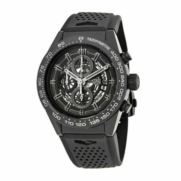 TAG Heuer Carrera Caliber Heuer 01 automatic chronograph men's watch with black dial, stainless steel case, and black rubber strap.