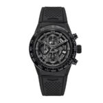 TAG Heuer Carrera Caliber Heuer 01 automatic chronograph men's watch with black skeleton dial and stainless steel case and bracelet.
