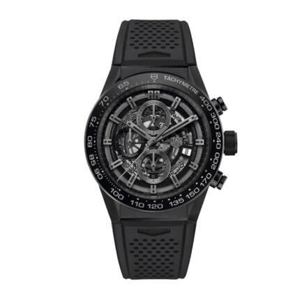 TAG Heuer Carrera Caliber Heuer 01 automatic chronograph men's watch with black skeleton dial and stainless steel case and bracelet.