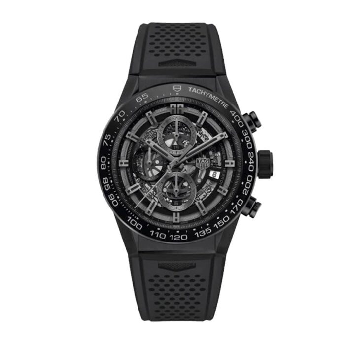 TAG Heuer Carrera Caliber Heuer 01 automatic chronograph men's watch with black skeleton dial and stainless steel case and bracelet.
