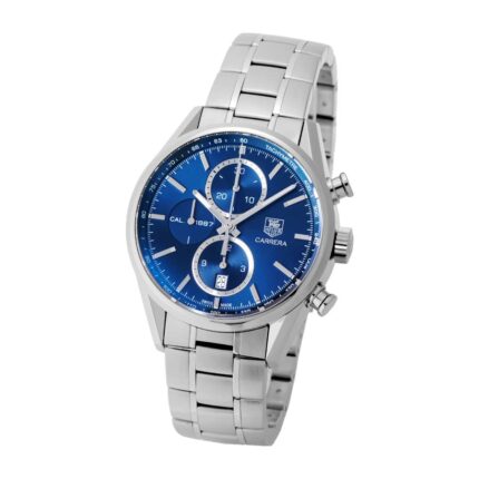 TAG Heuer Carrera Calibre 1887 automatic chronograph replica watch with silver dial, three subdials, stainless steel case, and stainless steel bracelet.