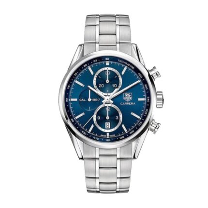 TAG Heuer Carrera Calibre 1887 replica men's watch with silver dial, stainless steel case, and black leather strap.