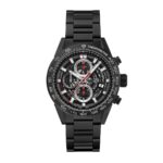 TAG Heuer Carrera Calibre Heuer 01 automatic chronograph replica watch with black skeleton dial, stainless steel case, and black leather strap.