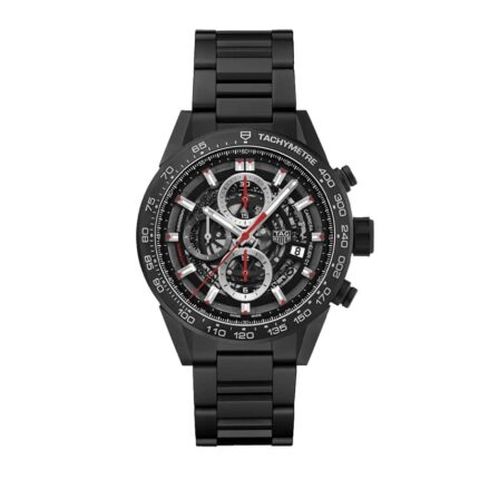 TAG Heuer Carrera Calibre Heuer 01 automatic chronograph replica watch with black skeleton dial, stainless steel case, and black leather strap.