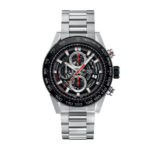 TAG Heuer Carrera Calibre Heuer 01 automatic chronograph replica watch with black dial, skeleton subdials, stainless steel case, and black leather strap.