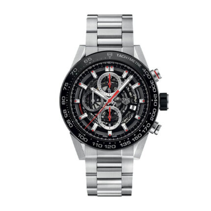 TAG Heuer Carrera Calibre Heuer 01 automatic chronograph replica watch with black dial, skeleton subdials, stainless steel case, and black leather strap.