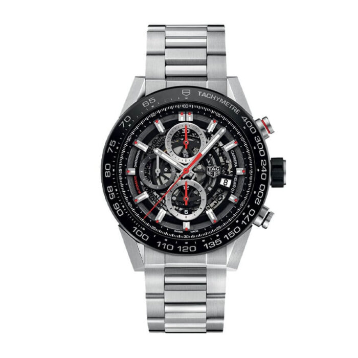 TAG Heuer Carrera Calibre Heuer 01 automatic chronograph replica watch with black dial, skeleton subdials, stainless steel case, and black leather strap.