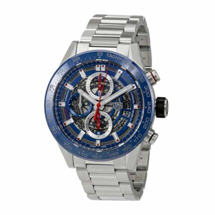 TAG Heuer Carrera Chronograph automatic men's watch with black dial, silver subdials, and stainless steel bracelet.