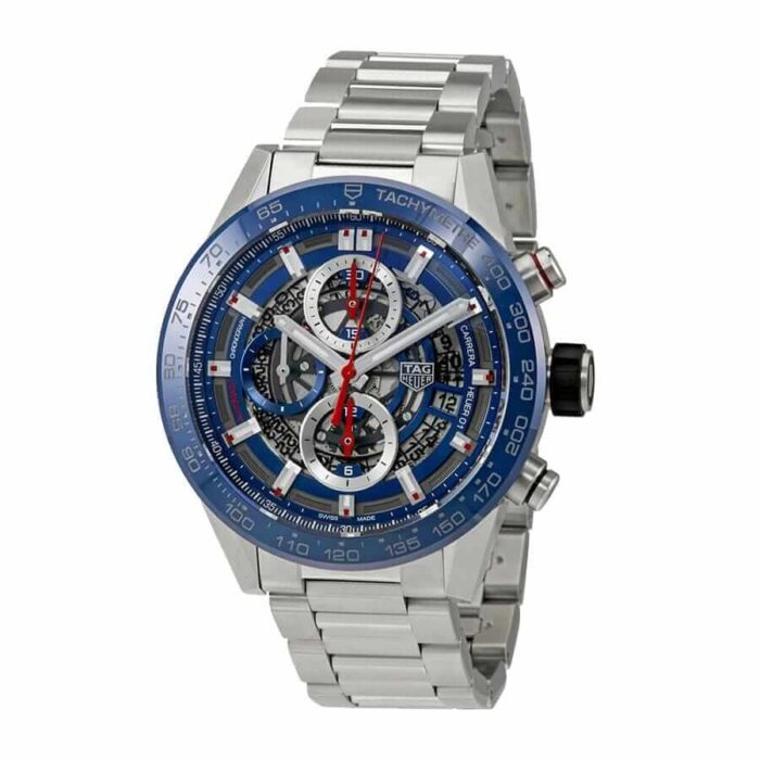 TAG Heuer Carrera Chronograph automatic men's watch with black dial, silver subdials, and stainless steel bracelet.