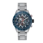 Replica TAG Heuer Carrera Chronograph automatic men's watch with black dial, silver subdials, and stainless steel bracelet.