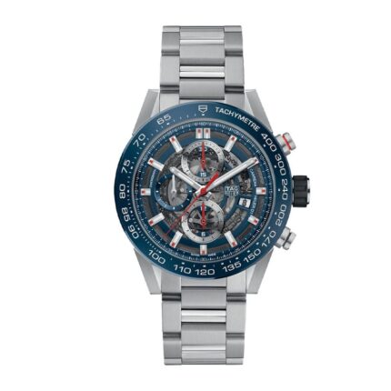 Replica TAG Heuer Carrera Chronograph automatic men's watch with black dial, silver subdials, and stainless steel bracelet.
