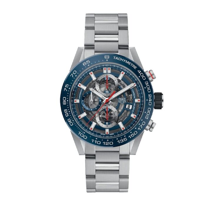 Replica TAG Heuer Carrera Chronograph automatic men's watch with black dial, silver subdials, and stainless steel bracelet.