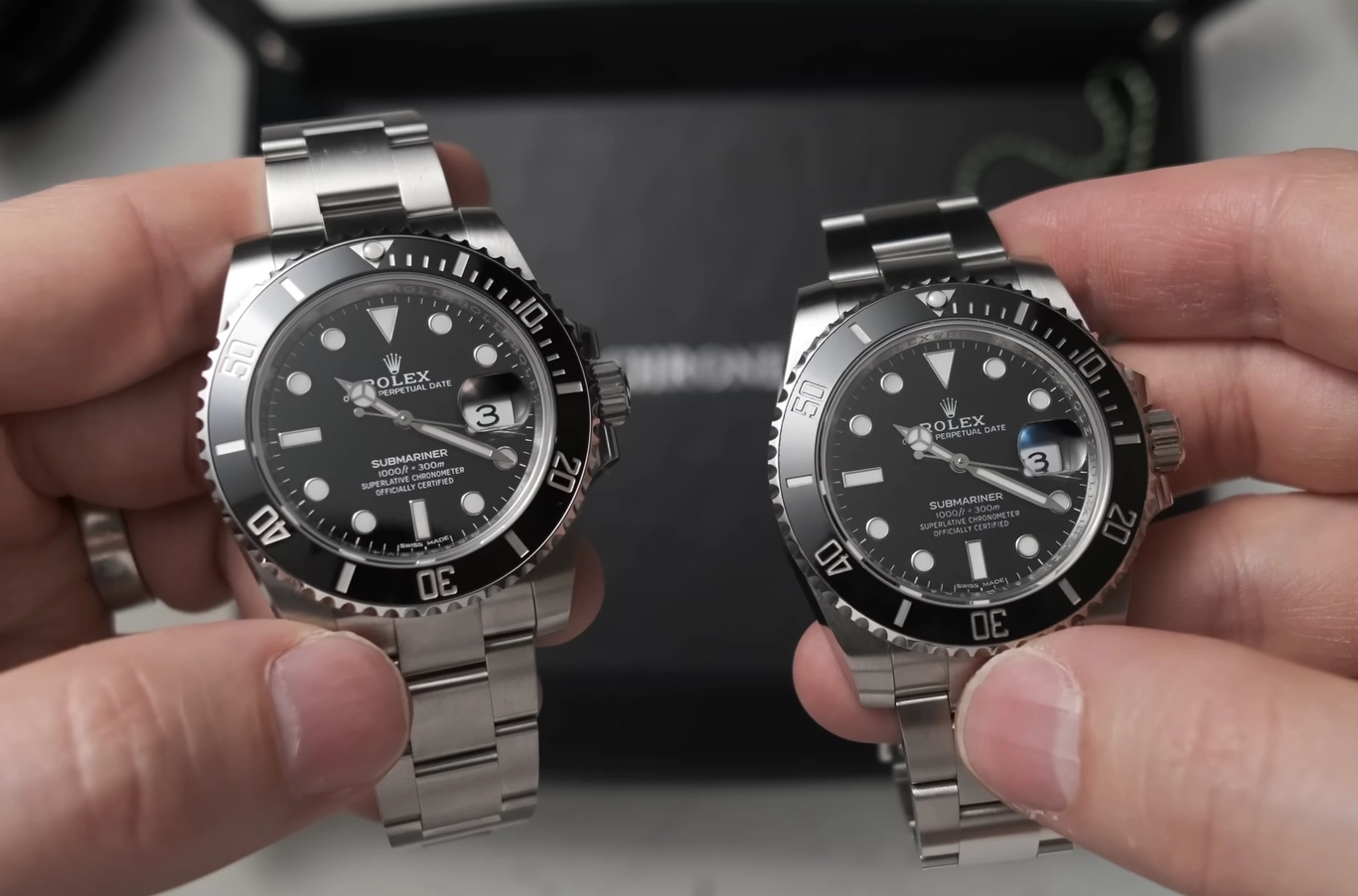 Watch dial alignment comparison showing quality control standards