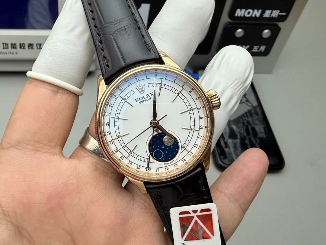 Rolex Cellini Moonphase 50535-0002 Super Clone : 39mm Everose Gold White Lacquer Dial
