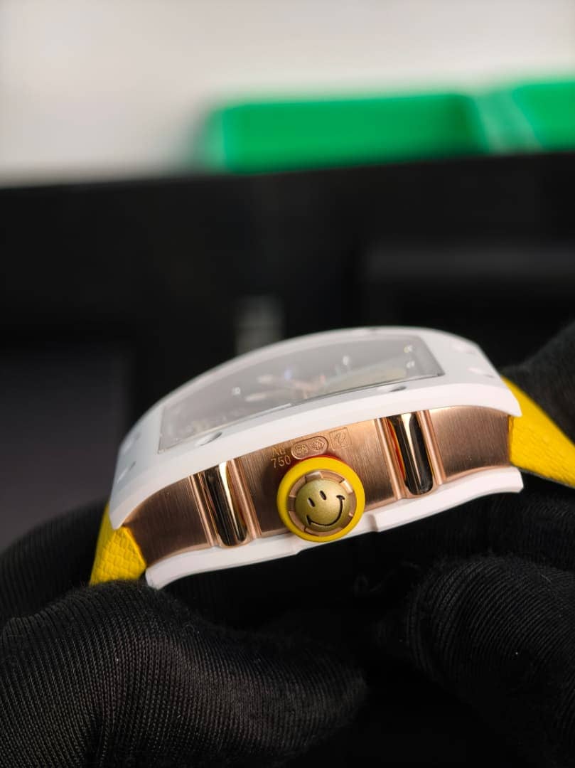 Richard Mille RM 88 Smiley White Ceramic Super Clone Watch – Skeleton Dial Yellow Strap