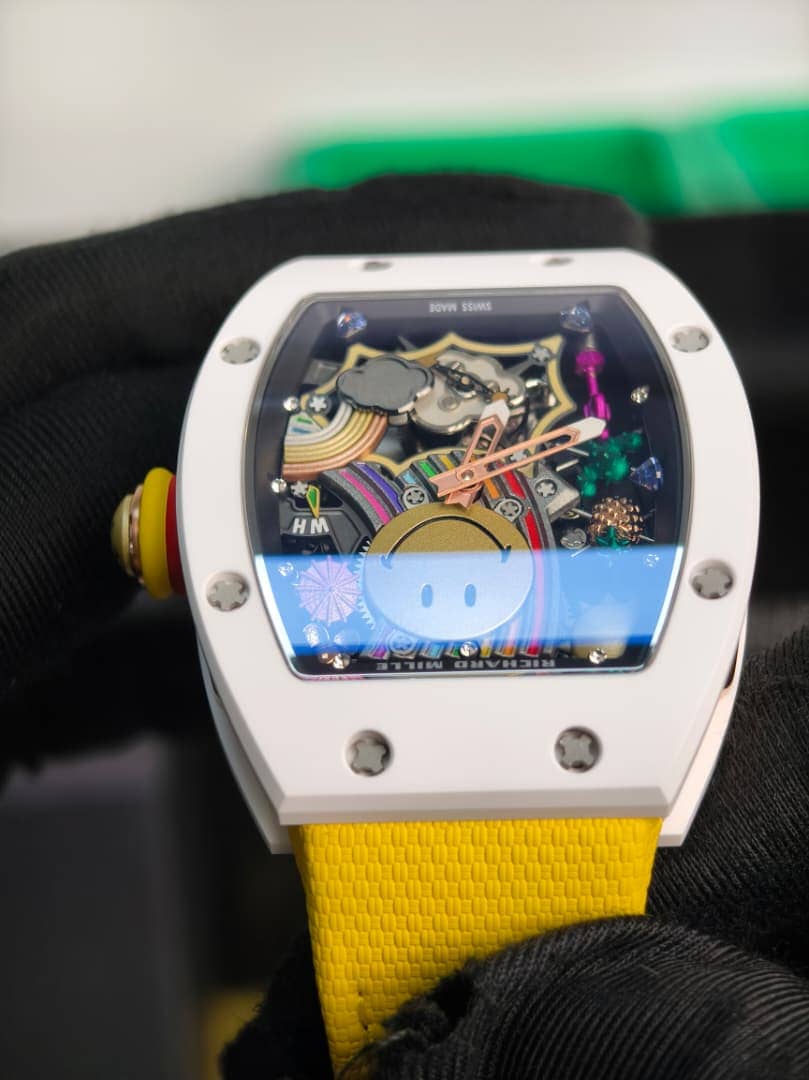 Richard Mille RM 88 Smiley White Ceramic Super Clone Watch – Skeleton Dial Yellow Strap